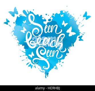 Forme de coeur est faite de coups de pinceau et blots en bleu couleurs et texte manuscrit Sun Beach Fun - pour l'été et l'élément Illustration de Vecteur