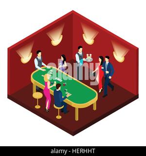 Cartes de casino et illustration isométrique . Casino et aux fiches de salle rouge et champagne vector illustration isométrique Illustration de Vecteur