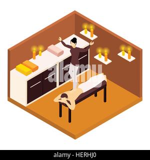 Illustration isométrique Massage du dos . L'arrière de la jambe avec massage aroma candles et serviettes vector illustration isométrique Illustration de Vecteur