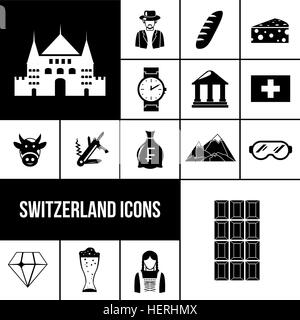 La Suisse black icons set. Symboles de la Suisse avec l'ensemble des icônes noires montres chocolat isolé bière vector illustration Illustration de Vecteur