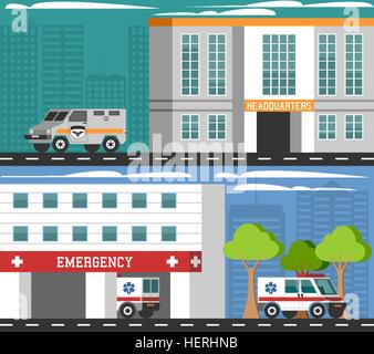 Les véhicules des services d'urgence des bannières Télévision Set . Premiers soins à l'hôpital militaire de l'administration centrale du ministère et les véhicules d'urgence 2 Illustration de Vecteur