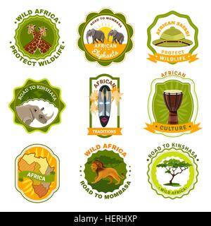 Emblèmes de l'Afrique. Emblèmes de l'Afrique ensemble avec les symboles et traditions isolées cartoon vector illustration Illustration de Vecteur