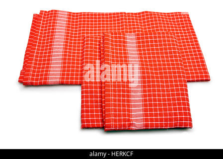 Nappe en lin rouge avec rayures rouges pour le plat isolé sur fond blanc Banque D'Images
