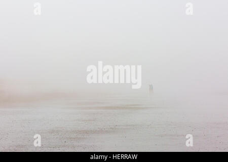 Deux promenades dans le brouillard sur Grayland Beach, près de Westport, New York. Banque D'Images