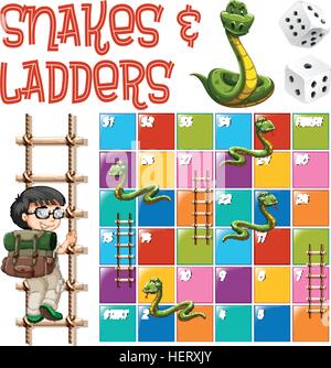 Modèle de jeu de serpents et échelles avec illustration Illustration de Vecteur