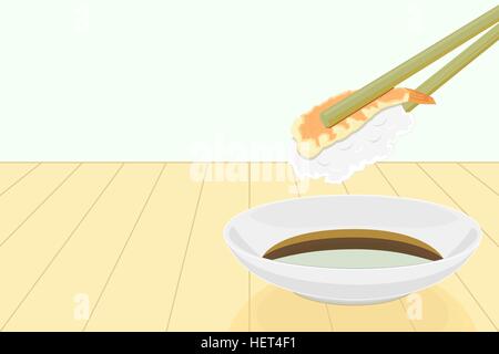 Vecteur de crevettes holding sushi roll avec des baguettes et le shoyu sauce sur la toile de planches de bois. Illustration de Vecteur