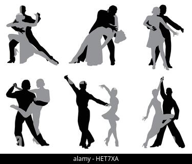 Silhouettes des couples de danseurs, différents styles de danse Illustration de Vecteur