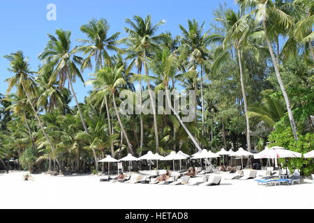 Parasols blancs en face de palmiers de noix de coco sur White beach, Boracay Island, Philippines Banque D'Images