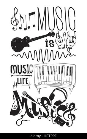 La musique est la vie. Préfet ensemble avec des instruments de musique doodle isolés, devis, dessin à la main des lettres, des éléments en noir, couleur blanche. Concept créatif artwo Illustration de Vecteur