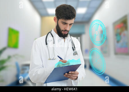 Inquiet jeune médecin avec barbe holding trombone avec symboles médicaux en arrière-plan Banque D'Images