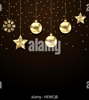 Noël Illustration fond sombre avec des boules d'or, étoiles et flocons - Vector Illustration de Vecteur