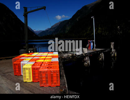 Caisses à poisson en plastique colorés empilés sur la jetée du bassin en eau profonde. Le parc national de Fiordland Milford Sound. Banque D'Images