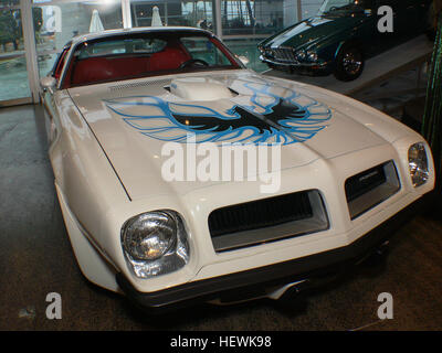 Photographie montrant une Pontiac TRANS Am Firebird 400 1974 classique au WOW & Classic Cars Museum de Nelson. Connu pour sa finition chromée emblématique et son statut rare, ce véhicule représente l'âge d'or des voitures musculaires américaines dans les salons de l'auto et les musées de l'automobile. Banque D'Images