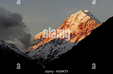 Mt Cook, le plus haut sommet de Nouvelle-Zélande, Sir Edmund Hillary a aidé à développer ses compétences d'escalade en vue de la conquête de l'Everest. Aoraki Mount Cook National Park abrite les plus hautes montagnes et les plus longs glaciers. C'est alpine dans le plus pur sens du terme - avec des pics skyscraping, glaciers et champs de neige, le tout sous un ciel étoilé Aoraki/Mount Cook est la plus haute montagne de Nouvelle-Zélande. Sa hauteur depuis 2014 est répertorié comme 3 724 mètres, contre 3 764 m avant décembre 1991, en raison d'un éboulement et l'érosion subséquente. Banque D'Images