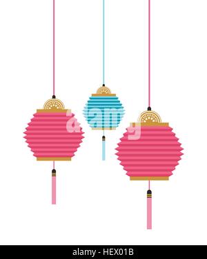 Lanternes chinoises pendaison. décorations design coloré. vector illustration Illustration de Vecteur