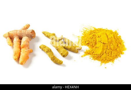 Racine de curcuma frais, séchés et de racine de curcuma poudre de curcuma Banque D'Images