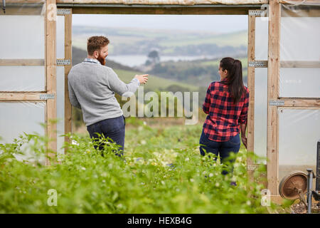 Vue arrière du couple in polytunnel chat porte Banque D'Images