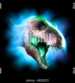 Tyrannosaurus rex artwork. Ce dinosaure vivait en Amérique du Nord et d'Asie d'environ 70 millions d'années jusqu'à l'extinction des dinosaures quelque 5 millions d'années plus tard. La tête est fortement construit, pour résister à des impacts avec des animaux de proie, et a l'dents pointues d'un prédateur. T. rex est pensé pour avoir été une chasse ainsi qu'un chasseur. Parmi les plus grands dinosaures carnivores, T. rex a été jusqu'à 6 mètres de haut et pesait jusqu'à 7 tonnes. Banque D'Images