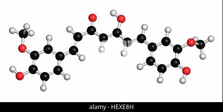 La curcumine curcuma molécule d'épices, illustration de l'ordinateur. Les atomes sont représentés comme des sphères classiques avec codage couleur : blanc (hydrogène), carbone (gris), l'oxygène (rouge). Banque D'Images
