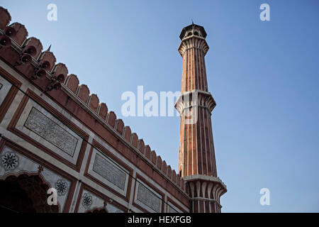 Minaret, mosquée Jama Masjid, Old Delhi, Inde Banque D'Images