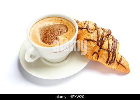 Café et croissant sur un fond blanc Banque D'Images