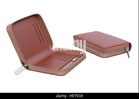 Brun cuir portefeuille ouvert et fermé. Le rendu 3D Banque D'Images