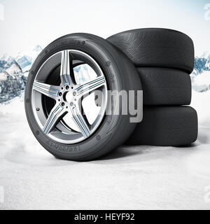 Les pneus hiver debout sur la neige. 3D illustration. Banque D'Images