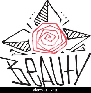 Hand drawn vector illustration ou dessin d'une fleur rose et le mot Beauté Illustration de Vecteur