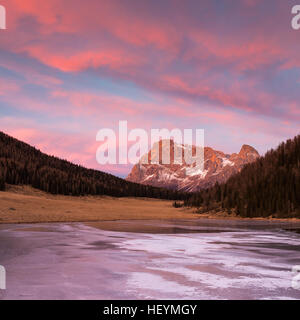 Alpenglow au coucher du soleil sur Cimon della Pala mountain, le massif des Pale di San Martino. Calaita lac gelé. Les Dolomites du Trentin. Alpes italiennes. L'Europe. Banque D'Images