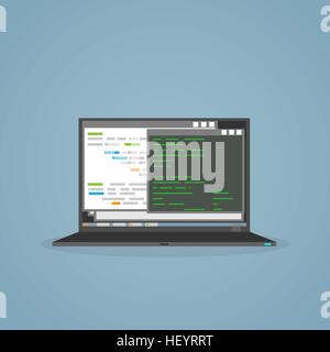 La programmation de logiciel et le développement sur l'écran de l'ordinateur portable moniteur. Ordinateur portable logiciel programmeur vaut demande d'codding. Illustration de Vecteur