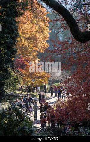 Trottoir autour de l'étang dans Central Park attire des foules de touristes, NYC, USA Banque D'Images