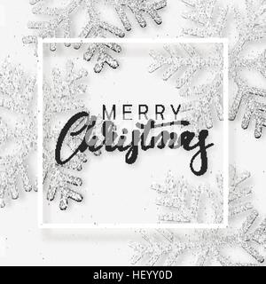 Fond de Noël avec des flocons blancs brillants et d'argent. Joyeux Noël lettrage card vector Illustration. Illustration de Vecteur