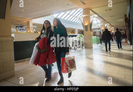 New York, USA. Le 24 décembre, 2016. Les acheteurs de dernière minute foule le Queens Center Mall dans le borough du Queens à New York la veille de Noël, samedi 24 décembre 2016. Une étude rapporte que la saison d'achats de vacances, novembre et décembre, représente désormais moins de 21  % des ventes des magasins physiques, après avoir atteint un sommet de 25 pour cent. ( © Richard B. Levine) © Richard Levine/Alamy Live News Banque D'Images