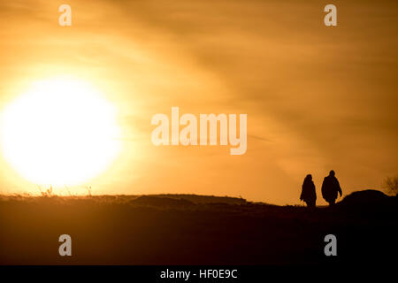 Un couple de promeneurs de chiens profiter du gel sur la montagne Halkyn, Flintshire au lever du soleil, marcher dans le soleil Banque D'Images