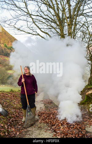 Llangynog, Powys, Wales, Royaume-Uni Le mardi 27 décembre 2016 par un froid glacial et matin dans Llangynog, un petit village au fond des montagnes Berwyn, au nord du Pays de Galles, KATE JEFFRIES, balaie et brûle les dérives de feuilles sèches qui se sont accumulés sur la piste de sa ferme à distance après le coup de vent et des tempêtes au cours de Noël Photo © Keith Morris / Alamy Live News Banque D'Images