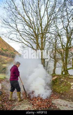 Llangynog, Powys, Wales, Royaume-Uni Le mardi 27 décembre 2016 par un froid glacial et matin dans Llangynog, un petit village au fond des montagnes Berwyn, au nord du Pays de Galles, KATE JEFFRIES, balaie et brûle les dérives de feuilles sèches qui se sont accumulés sur la piste de sa ferme à distance après le coup de vent et des tempêtes au cours de Noël Photo © Keith Morris / Alamy Live News Banque D'Images