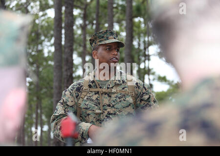 Un chef de la gestion de la maintenance du Marine Air Control Squadron 2 a donné des instructions à son escouade sur les signaux de main et de bras pendant la première journée d'un exercice sur le terrain à combat Town, Marine corps base Camp Lejeune, Caroline du Nord, le 17 janvier. Banque D'Images