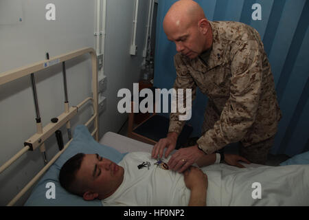 Corps des Marines américains, le Général David H. Berger, général commandant la 1 Division de marines, (FWD), les axes la Purple Heart à la poitrine de la CPS de l'armée. Christopher A. Regland, Delta Entreprise, 7/10ème Bataillon de soutien de Brigade, 10e division de montagne, à bord Sapadalure Camp dans la province de Helmand, Afghanistan, le 26 février 2012. Regland a été blessé en effectuant des opérations en Afghanistan. (U.S. Marine Corps photo par Lance Cpl. Le CATIE D. Edwards/libéré) Le Général John R. Allen Camp visites Sapadalure 120226-M-S386-036 Banque D'Images