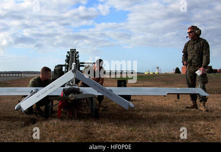 Lance le Cpl. Brandon Dunlow, gauche, lance le Cpl. Eric Garcia, milieu, et le Sgt. Marque M. Buhler, tous les techniciens en avionique à l'Escadrille de véhicules aériens télépilotés 2, préparer un RQ-7B pour le décollage de l'ombre sur le Marine Corps Air Station Cherry Point ligne de vol du 8 mars. Le véhicule est lancé par une catapulte et peut rester en l'air pour un maximum de six heures. VMU-2 maintient des compétences 120308-M-AF823-641 Banque D'Images