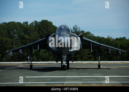 Un pilote de Harrier AV-8B avec Marine Attack Squadron 223 effectue un atterrissage vertical sur une maquette LHD envol lundi à Bogue Field. Mâcher Bulldogs formation transporteur 130610-M-FL266-010 Banque D'Images