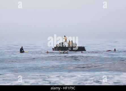 Charlie Company, 3rd Assault Amphibian Battalion Marines saute d'un véhicule d'assaut amphibie à 500 mètres au large pendant la qualification surf au Camp Pendleton, Californie, le 6 septembre 2013, pour pratiquer l'évacuation d'urgence et la natation vers le rivage. Banque D'Images