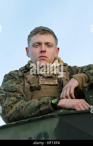 Lance le Cpl. Ernest E. Taylor, chef d'équipe d'assaut véhicule amphibie, 3e bataillon amphibie assaut, et un de 21 ans originaire de Brockton, Massachusetts, a récemment terminé la semaine de préparation au combat du Corps des marines de l'exercice au Marine Corps Base Camp Pendleton, en Californie, 4 février au 8 mars 2014. Au cours de l'exercice, Taylor a été responsable de l'exploitation et l'entretien d'un véhicule d'assaut amphibie. Taylor et son équipage ont transporté les fantassins avec 1er Bataillon, 5e Régiment de Marines, d'un océan à l'autre au cours d'un débarquement amphibie pour fixer la plage et capturer des objectifs. Après plus Banque D'Images