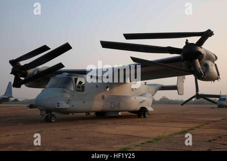 Une MV-22B Balbuzard se distingue par de préparation pour aller chercher les hommes de plus de militaires thaïlandais U-Tapao, Marine royale thaïlandaise pour l'aérodrome d'or Cobra Exercice 2014 Royaume de Thaïlande, le 12 février 2014. Gold Cobra est un exercice d'entraînement multinational développé pour renforcer la sécurité et l'interopérabilité entre le Royaume de Thaïlande et des États-Unis. Le MV-22B Osprey est avec l'escadron 262 à rotors basculants moyen Marine, Marine Aircraft Group 12, 1er, aile d'avion Marine III Marine Expeditionary Force. (U.S. Marine Corps Photo de la FPC. Mark Adams/non publiée), VMM-262 appuie la Royal Thai marines au cours de l'or 2014 Cobra 14 Banque D'Images