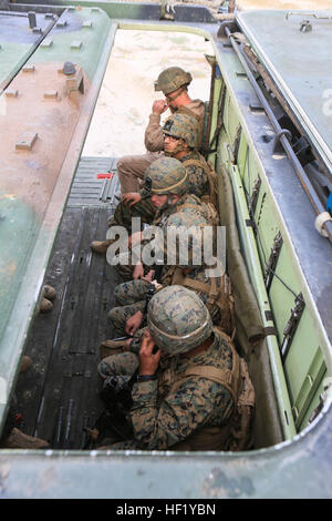 Les Marines américains avec 3e bataillon amphibie assaut Marines transport du 1er Bataillon, 1e Régiment de Marines, dans les véhicules d'assaut amphibie AAV-7 pendant l'exercice 2014 main de fer à bord de Camp Pendleton, en Californie, le 18 février 2014. Iron Fist est un exercice amphibie qui rassemble les Marines et les marins de la 15e unité expéditionnaire de marines, d'autres JE Marine Expeditionary Force, et les soldats de la terre d'autodéfense du Japon, afin de promouvoir l'interopérabilité militaire et de perfectionner les compétences d'petit-unité et difficile, grâce à un entraînement réaliste et complexe. (U.S. Marine Corps photo de S Banque D'Images