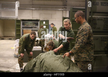 Seaman Marq C. Heusner, Mililani, New York, des autochtones et de l'hôpital avec 2e Bataillon d'alimentation corpsman, Régiment de logistique de combat 25, 2e Groupe logistique maritime aide les agents médicaux avec Joint Medical Task Force, Bataillon de soutien du pays hôte a mis en place un poste de secours fixe gonflable à Værnes garnison, la Norvège, le 28 février 2014. Corpsmen avec alimentation 2e Bn. a aidé à l'installation du SAS pour en savoir plus sur l'équipement et d'intégrer avec norvégien avant l'ECTU Réponse froide 2014. Froids calculs, 2e Bn Alimentation. se prépare pour la formation de l'Arctique partie 1 140228-M-DS159-024 Banque D'Images