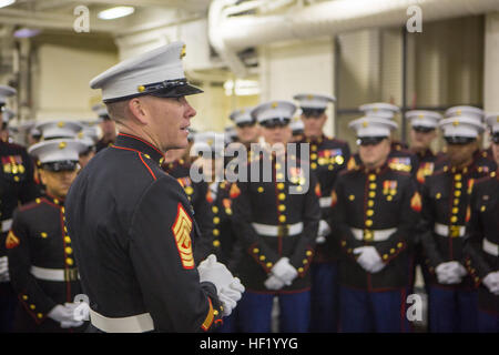 1er Sgt. Leon M. Banta, un ingénieur de l'US Marine avec 8e Bataillon de soutien logistique de combat, 25 Régiment, 2e Groupe logistique maritime, l'adresse de Marine avant la cérémonie de mise en service de l'USS Somerset (LPD 25) 1 mars, 2014. USS Somerset est le plus récent de la classe San Antonio de transport amphibie et il a été nommé en l'honneur des passagers du vol 93 de United Airlines qui s'est écrasé dans le comté de Somerset le 11 septembre 2001. (U.S. Marine Corps photo par le Cpl. William M. Kresse / relâché), USS Somerset Cérémonie 140301-M-AR803-004 Banque D'Images