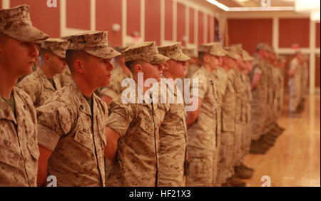 Marines avec 2e Bataillon, 8e Régiment de Marines, 2e Division de marines, stand en formation au cours de la célébration du 73e anniversaire du bataillon à Marston Pavilion à bord Marine Corps Base Camp Lejeune, N.C., Mars 26, 2014. Le bataillon a été activé le 1er avril 1940, à San Diego, Californie, comme le 2e Bataillon, 28e Marines, et affecté à la 2e Brigade. Près d'un an plus tard, le 1 février 1941, le bataillon a été affecté à la 2e Division de marines qui ils déployés avec en décembre 1942 aux Samoa américaines. (U.S. Marine Corps photo par le Cpl. Austin Long) America's Battalion s 73140325-M-WC184-596 Banque D'Images