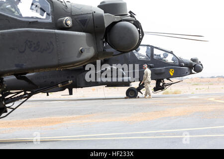 Les soldats de l'Armée américaine à partir de la 4e bataillon du 227e bataillon attaque Reconaissance, 1re Division de cavalerie, qui servent actuellement à la 42e Brigade d'aviation de combat (CAB), de préparer leur AH-64 Apache Air Assault avant une pratique au cours de l'effort de l'amitié et fer à repasser Hawk 14 le 12 avril 2014, près de Tabuk, Arabie saoudite. Fer à Repasser Hawk et l'amitié 14 Les forces de l'armée américaine participent à partir de la 42e CAB, New York, la Garde nationale et la 2e Brigade Combat Team, 4e Division d'infanterie, et la masse de l'Arabie Saoudite et les forces de l'aviation. Plus de semaines de pratique les deux armées axées sur l'amélioration de leurs capacités d'exploitation conjointe Banque D'Images