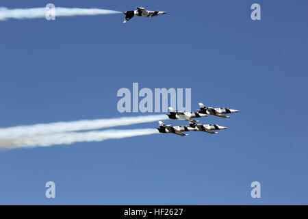 Le Black Diamond Jet Team effectue au cours de la 2014 Marine Corps Air Station Cherry Point Air Show ici le 17 mai. Le Black Diamond Jet Team, composé d'anciens pilotes militaires, voler L-39s et un T-33 toutes peintes dans un schéma de peinture de camouflage de l'Arctique. Pour plus de photos, visitez le www.facebook.com/MCASCherryPoint. (Official U.S. Marine Corps photo par Lance Cpl. Ryan/jeunes) Parution 2014 Cherry Point Air Show 140517-M-KK554-002 Banque D'Images