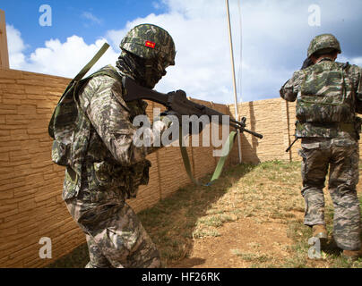 République de Corée (ROK) Marine Ji Hoon Baek, un carabinier en train de s'entraîner avec la Compagnie India, 3e Bataillon, 3D Régiment de Marines, passe à travers une simulation au cours de composé une mission de recherche et de sauvetage à l'Boondocker Zone de formation à bord Marine Corps Base (MCB) New York, 29 mai 2014. La Marine de la République de Corée a participé à l'opération Island avec Viper Marines des États-Unis conduite offensive, amphibie, et la stabilité de la paix pour développer le leadership au niveau de petites unités et l'augmentation de leur létalité et capacité de combattre avant d'opérations à grande échelle tels que l'exercice Rim of the Pacific (RIMPAC). (U.S Marin Banque D'Images